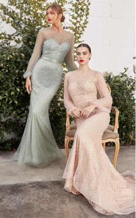 Fully Pearled Gathered Long Sleeve Dress