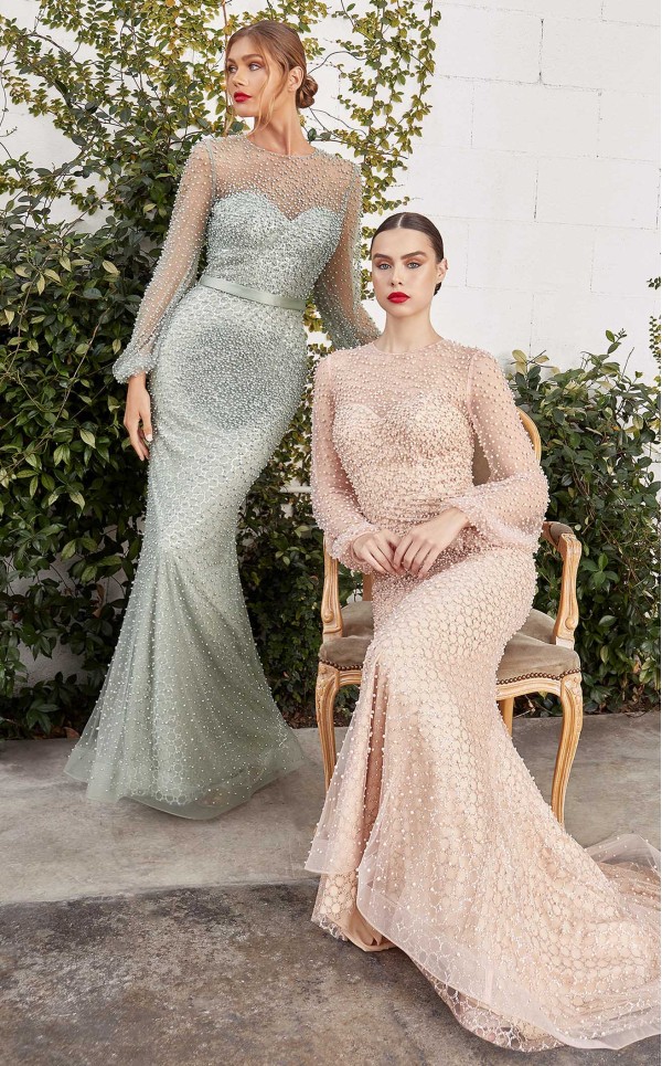 Fully Pearled Gathered Long Sleeve Dress