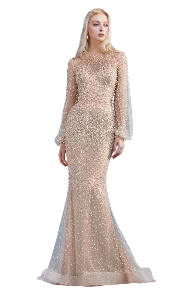 Fully Pearled Gathered Long Sleeve Dress