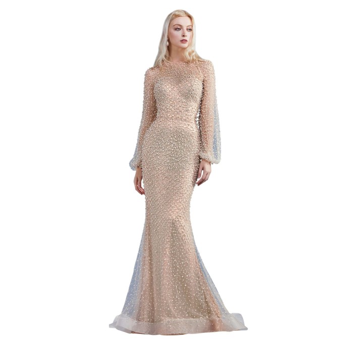 Fully Pearled Gathered Long Sleeve Dress