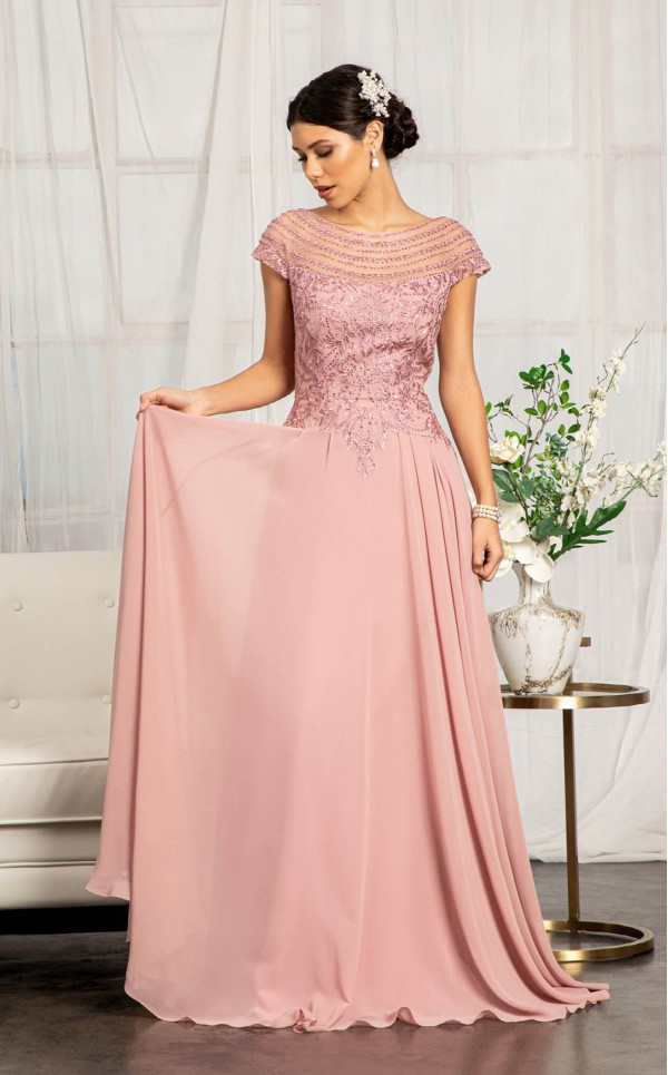 Cap Sleeves Boat Neck Chiffon A-line Dress
