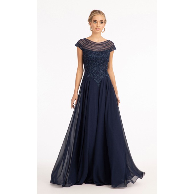 Cap Sleeves Boat Neck Chiffon A-line Dress