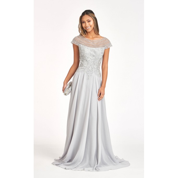 Cap Sleeves Boat Neck Chiffon A-line Dress