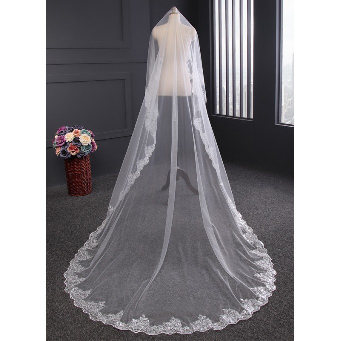 One-tier Lace Applique Edge Cathedral Bridal Veils With Lace