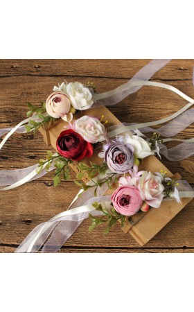 Girly Free-Form Silk Flower Wrist Corsage/Boutonniere/Wedding Bouquet sets - Wrist Corsage/Boutonniere