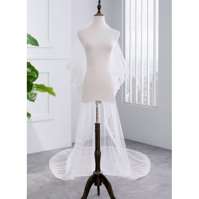 Two-tier Lace Applique Edge Chapel Bridal Veils With Lace