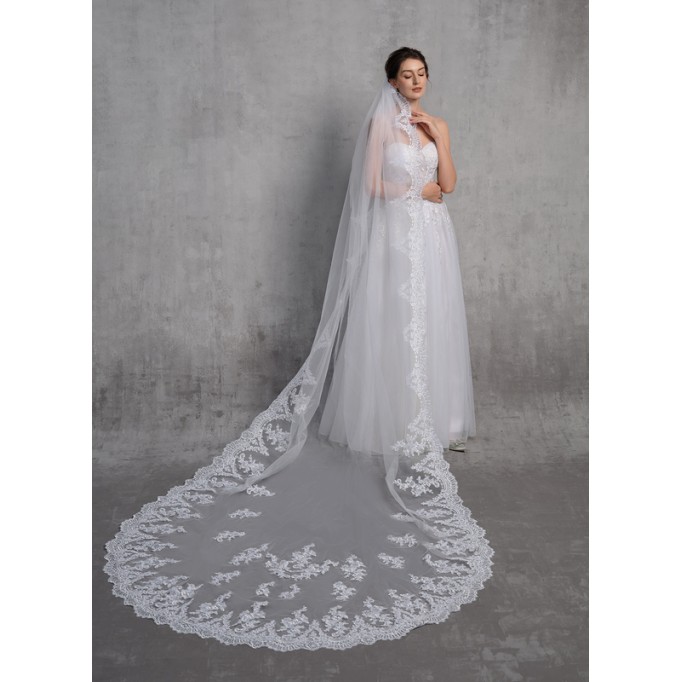 One-tier Lace Applique Edge Cathedral Bridal Veils With Lace