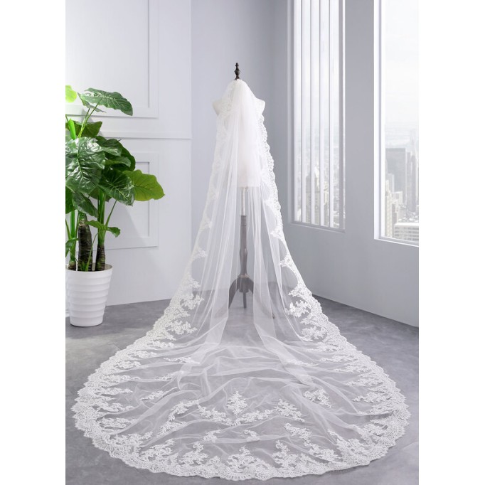 One-tier Lace Applique Edge Cathedral Bridal Veils With Lace
