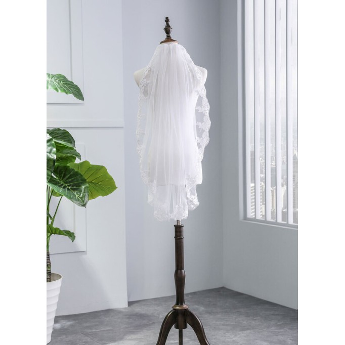 One-tier Lace Applique Edge Elbow Bridal Veils With Lace