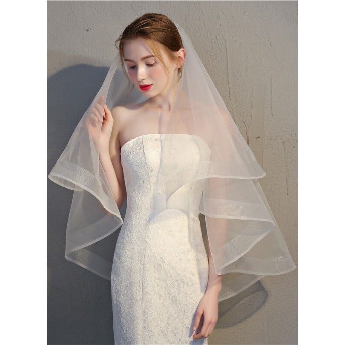 Two-tier Pencil Edge Fingertip Bridal Veils With Ribbon