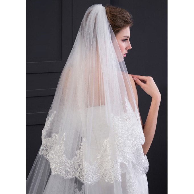 Two-tier Lace Applique Edge Cathedral Bridal Veils With Lace
