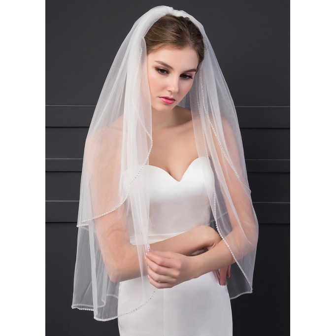 Two-tier Cut Edge Elbow Bridal Veils With Rhinestones