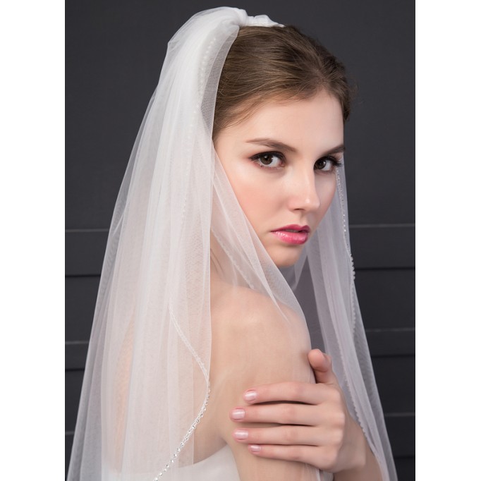 Two-tier Cut Edge Elbow Bridal Veils With Rhinestones