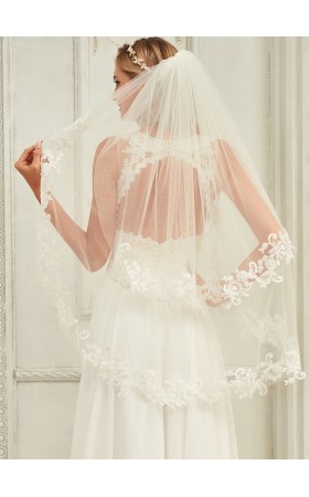 Two-tier Lace Applique Edge Elbow Bridal Veils With Lace
