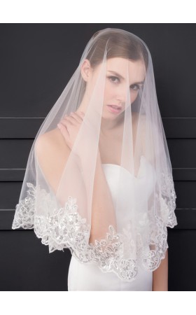 One-tier Lace Applique Edge Elbow Bridal Veils With Sequin/Lace