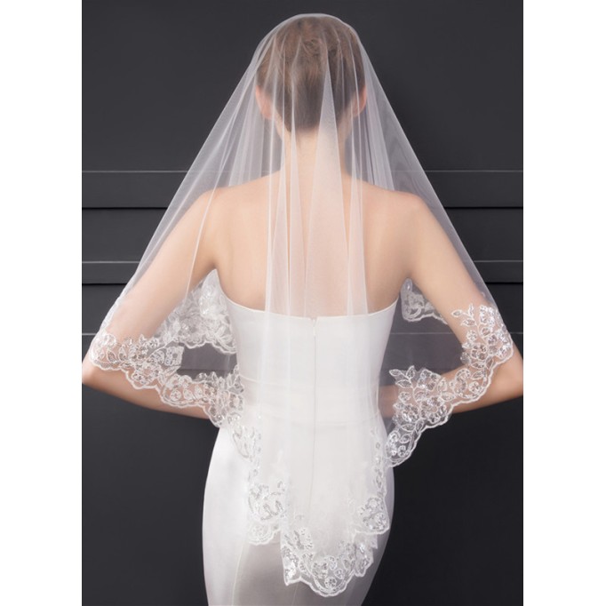 One-tier Lace Applique Edge Elbow Bridal Veils With Sequin/Lace