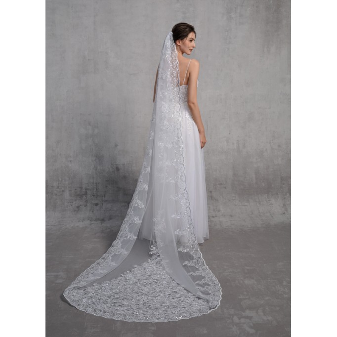 One-tier Lace Applique Edge Chapel Bridal Veils With Lace