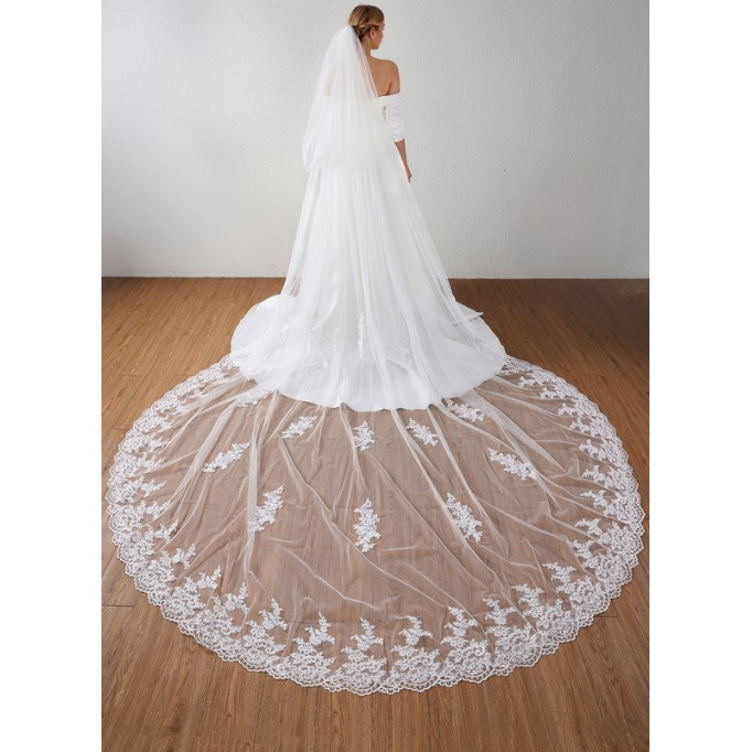 Two-tier Lace Applique Edge Cathedral Bridal Veils With Lace