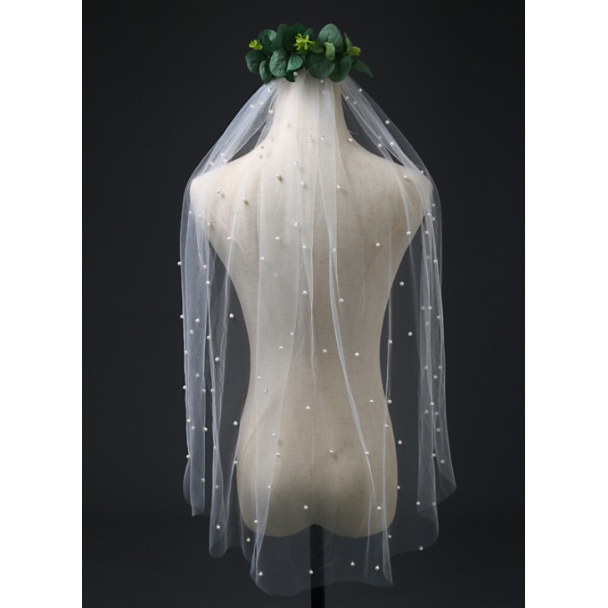 One-tier Cut Edge Elbow Bridal Veils With Faux Pearl