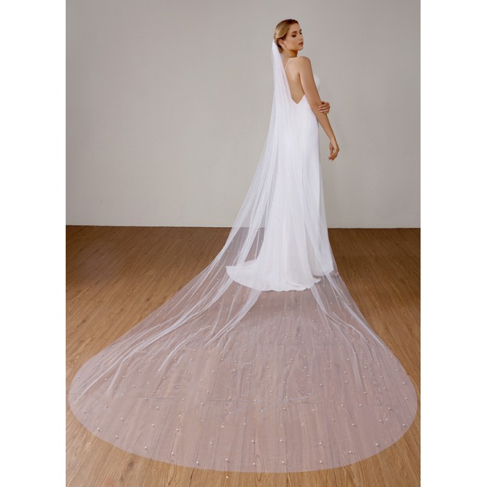One-tier Cut Edge Chapel Bridal Veils With Faux Pearl