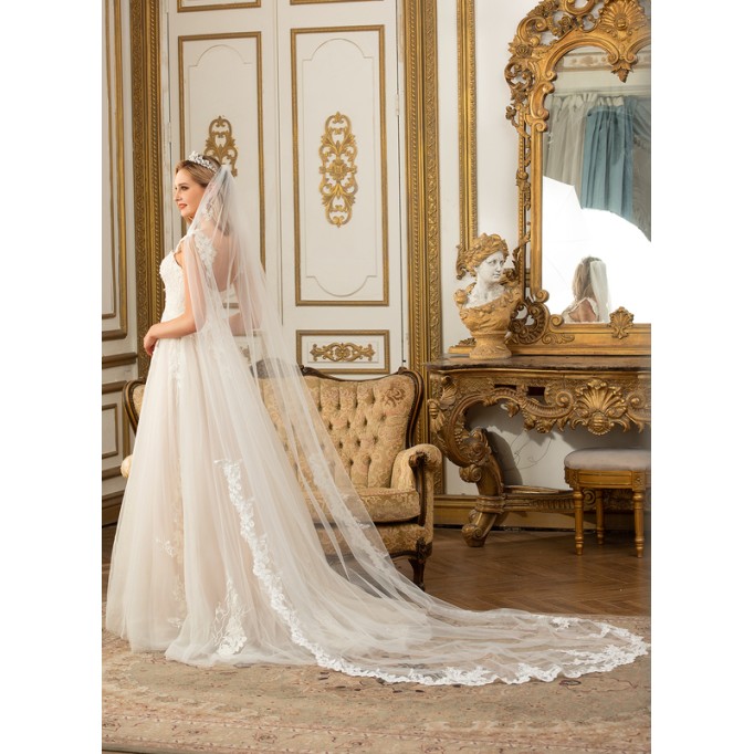 One-tier Lace Applique Edge Chapel Bridal Veils With Lace