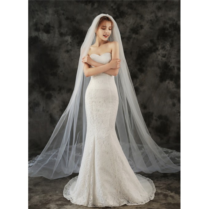 One-tier Lace Applique Edge Cathedral Bridal Veils With Lace