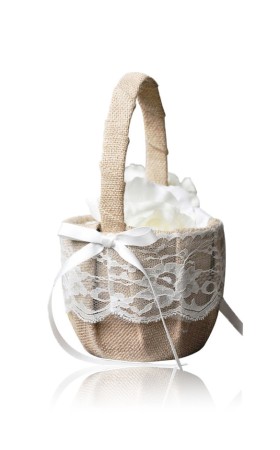 Flower Girl Linen/Lace Flower Basket With Bow/Ribbon