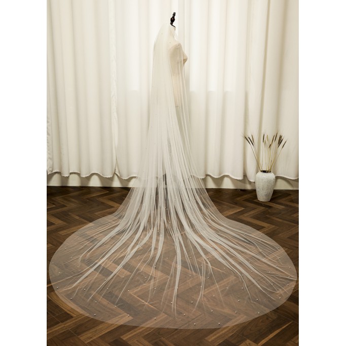One-tier Cut Edge Cathedral Bridal Veils With Faux Pearl