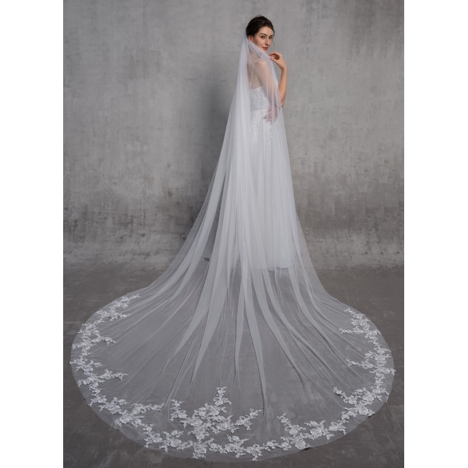 One-tier Lace Applique Edge Cathedral Bridal Veils With Lace