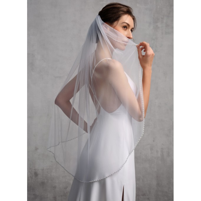 One-tier Cut Edge Fingertip Bridal Veils With Rhinestones