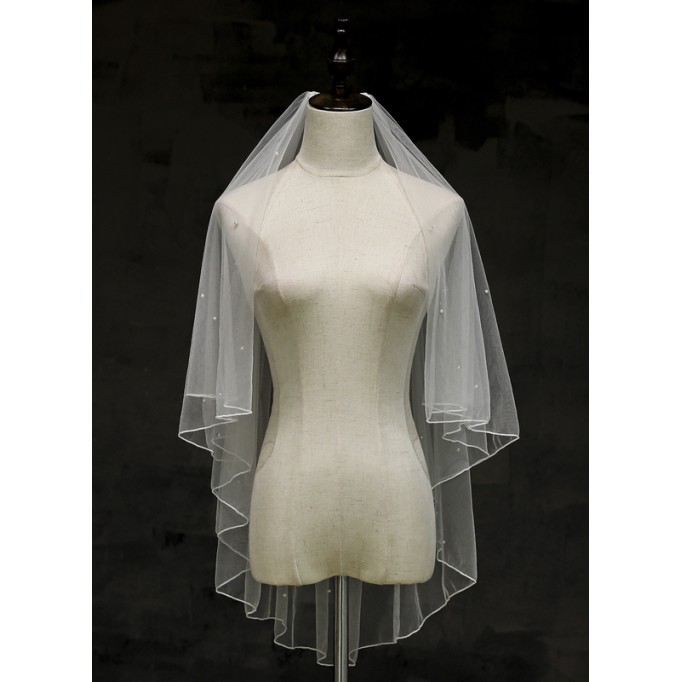 Two-tier Pencil Edge Fingertip Bridal Veils With Faux Pearl