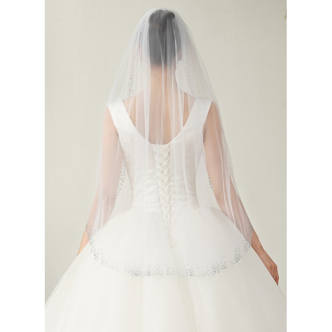 One-tier Sequin Trim Edge Fingertip Bridal Veils With Rhinestones