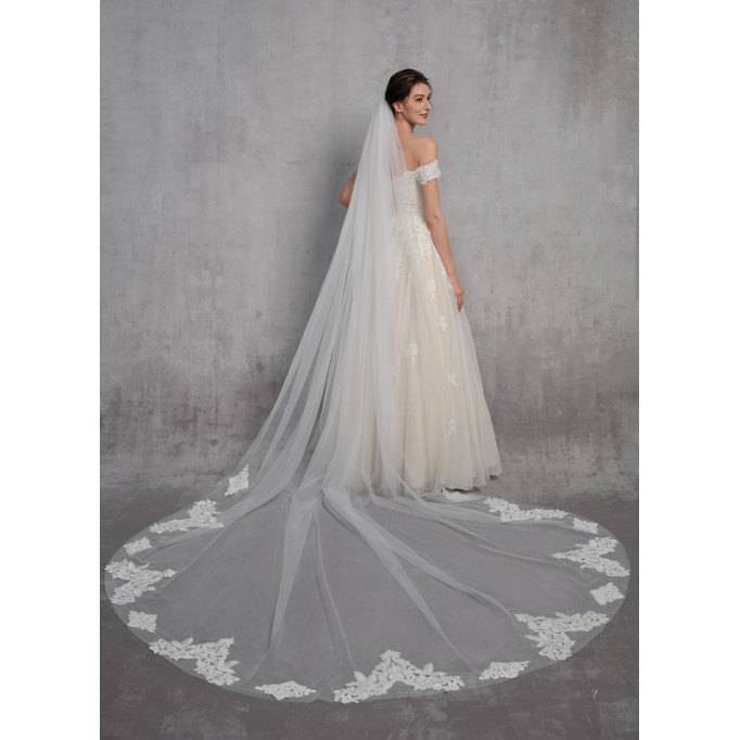 One-tier Lace Applique Edge Cathedral Bridal Veils With Lace