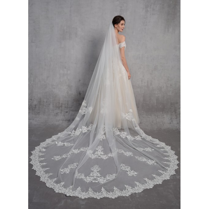 One-tier Lace Applique Edge Cathedral Bridal Veils With Lace