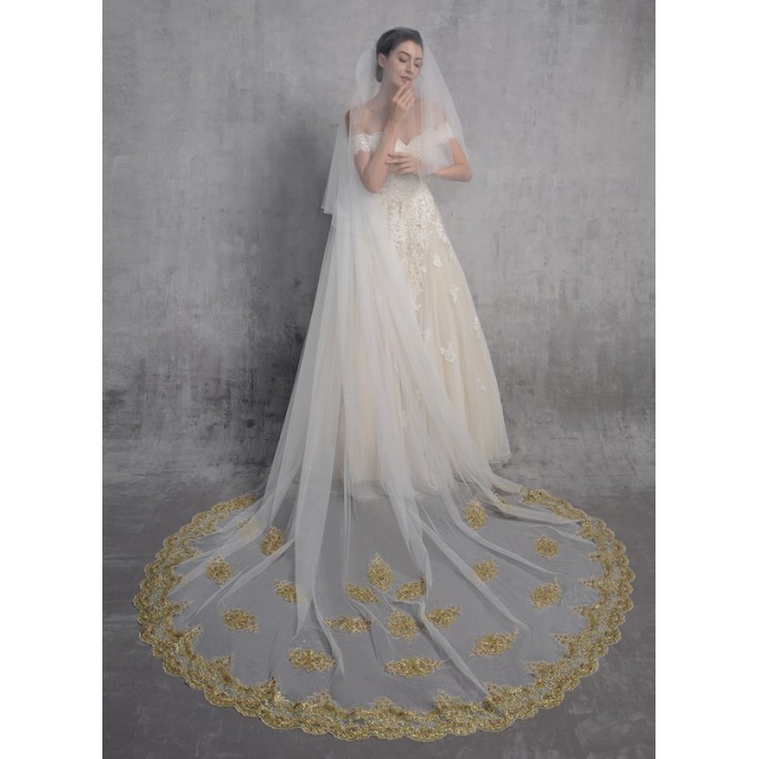 Two-tier Lace Applique Edge Cathedral Bridal Veils With Lace