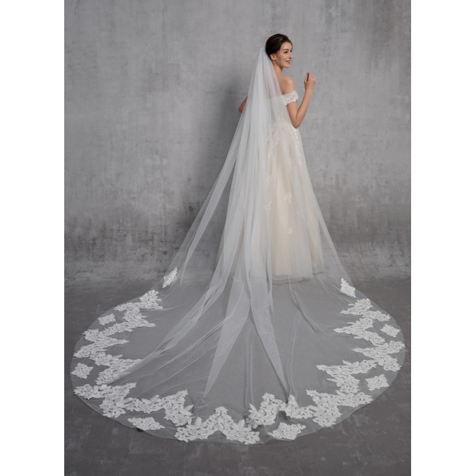 One-tier Lace Applique Edge Cathedral Bridal Veils With Lace