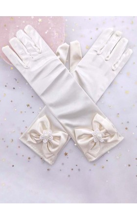 Flower Girl Elastic Satin Elbow Length Glove With Faux Pearl