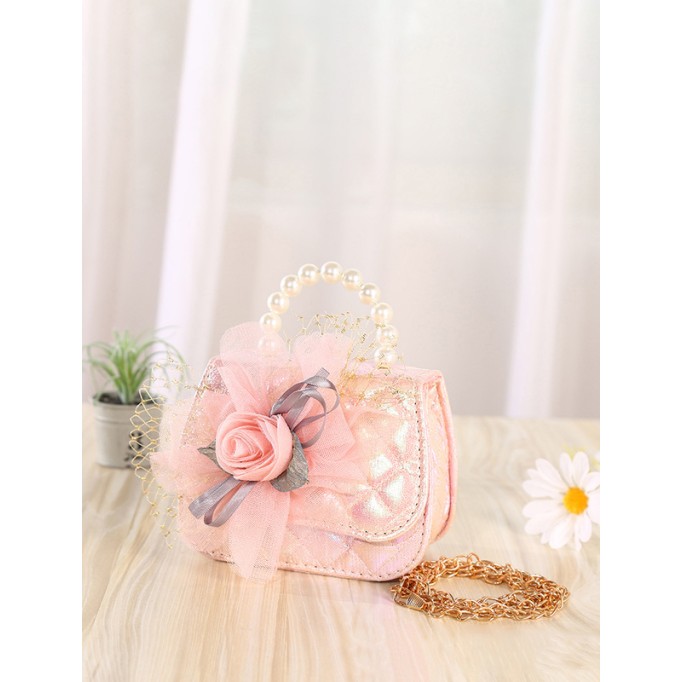 Flower Girl Polyester/PU/Imitation Pearls Handbag With Imitation Pearls/Flower/Ribbon