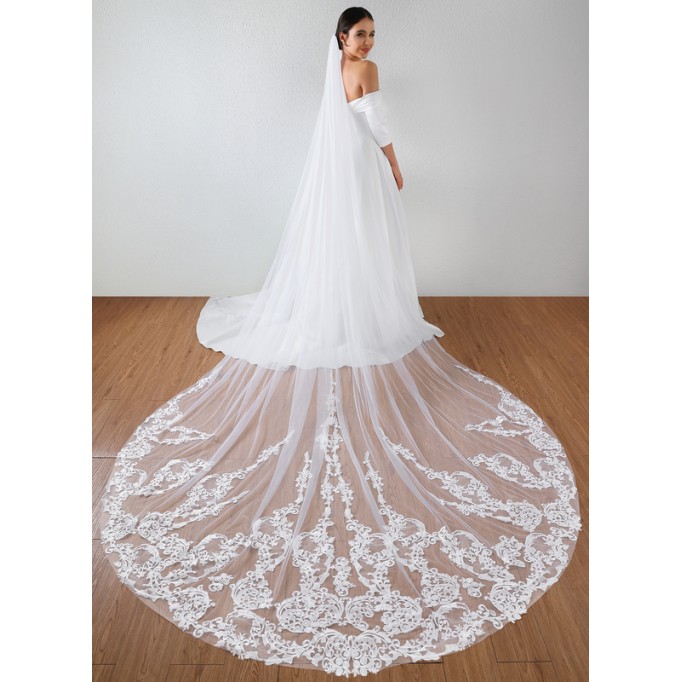 One-tier Lace Applique Edge Cathedral Bridal Veils With Sequin/Lace