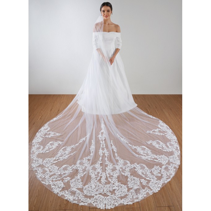One-tier Lace Applique Edge Cathedral Bridal Veils With Sequin/Lace