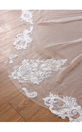 One-tier Lace Applique Edge Cathedral Bridal Veils With Lace