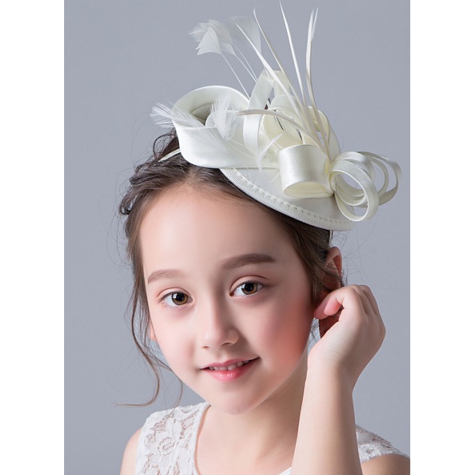 Flower Girl Satin/Feather Fenduchs/Hats With Feather/Ribbons