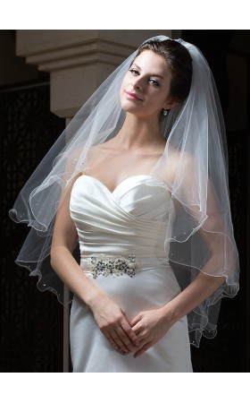 Two-tier Pencil Edge Fingertip Bridal Veils With Rhinestones