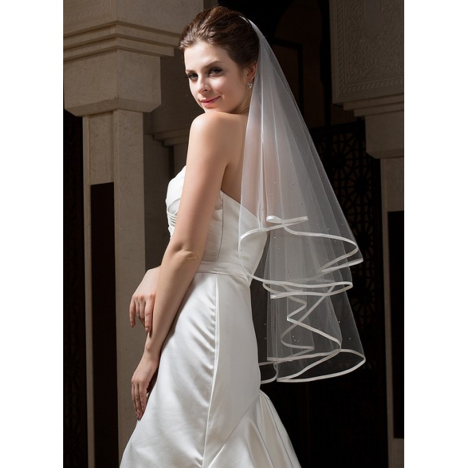 Two-tier Satin Edge Fingertip Bridal Veils With Beading
