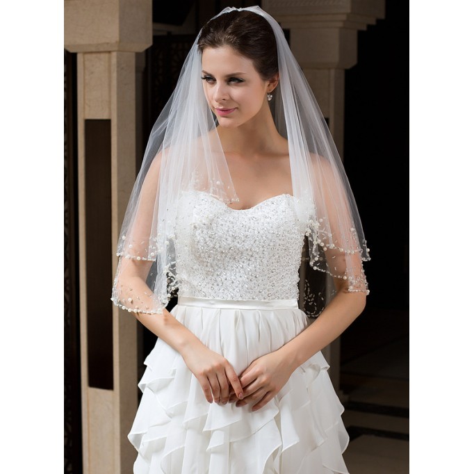 Two-tier Beaded Edge Elbow Bridal Veils With Beading/Sequin