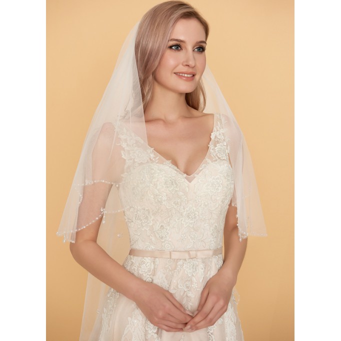 Two-tier Beaded Edge Fingertip Bridal Veils With Beading/Faux Pearl/Sequin