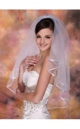 Two-tier Satin Edge Elbow Bridal Veils With Ribbon/Faux Pearl