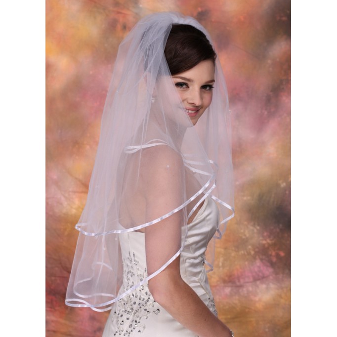 Two-tier Satin Edge Elbow Bridal Veils With Ribbon/Faux Pearl