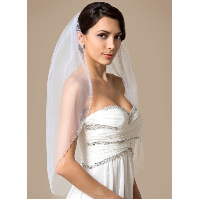 One-tier Beaded Edge Elbow Bridal Veils With Rhinestones/Faux Pearl