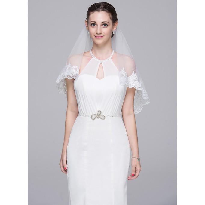 Two-tier Lace Applique Edge Elbow Bridal Veils With Lace